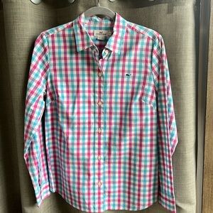 Vineyard Vines plaid pink and blue button down size 6 EUC